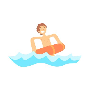Mutlu çocuk denizde kırmızı lastik yüzmek yüzük ile eğleniyor.