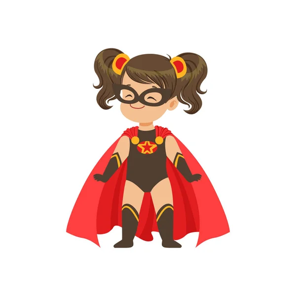 Komiska modig flicka kid i superhjälte svart kostym med star, mask och utveckla i vind röda kappan, stående på benen brett isär. — Stock vektor