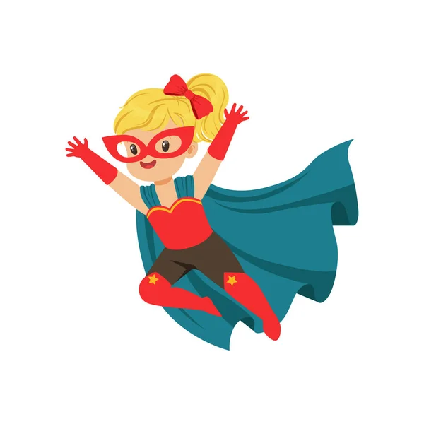 Comic brave flying kid in superhero costume with red mask and gloves, blue cape developing in the wind. Children s game. Vector super girl character. — Stock Vector