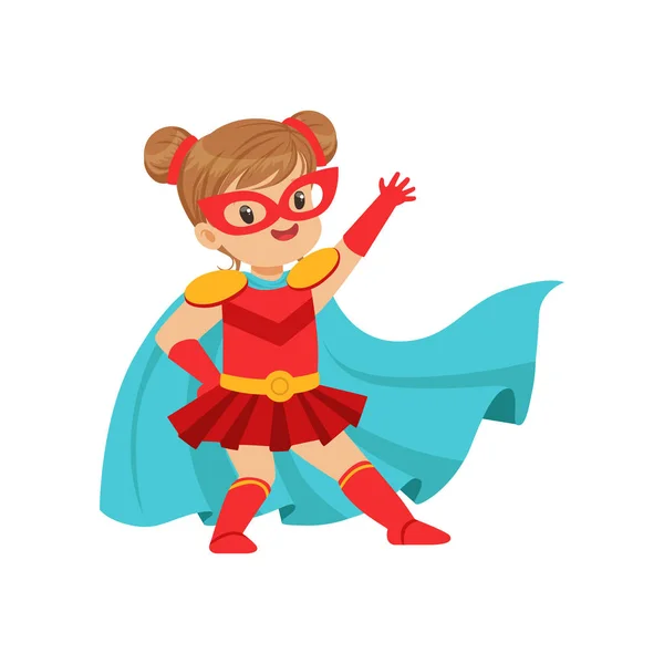 Comic brave kid in superhero red costume with mask on face and developing in the wind blue cloak, posing and waving her hand. — Stock Vector