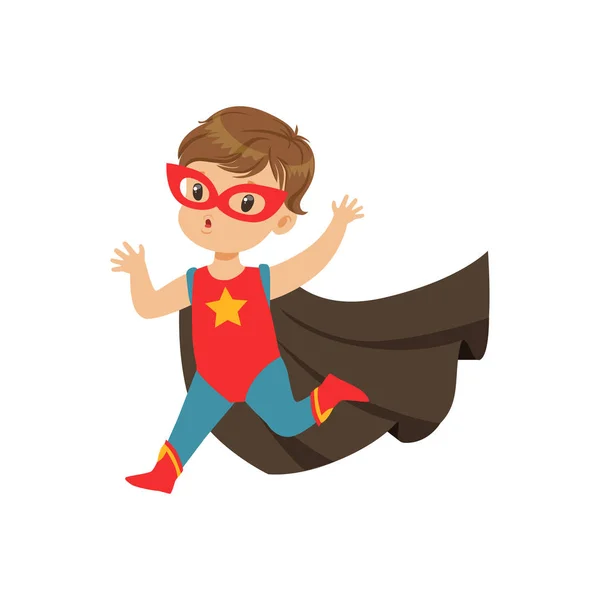 Comic cute brave kid in superhero costume running with hands up. Child with extraordinary abilities. Vector cartoon character — Stock Vector