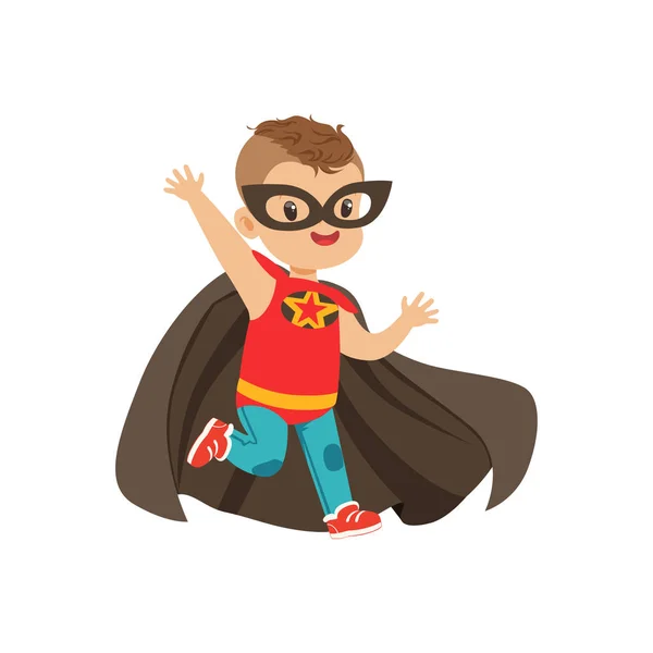 Comic brave kid with trendy haircut in colorful superhero costume. Children s game. Vector cartoon flat super boy character. — Stock Vector