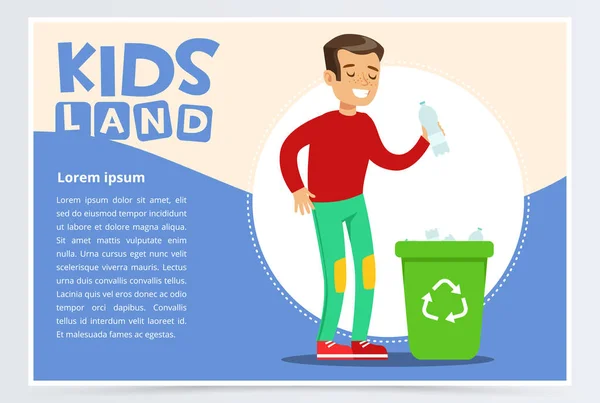 Adolescente niño tirar la botella de plástico en el contenedor de residuos con símbolo de reciclaje. Tarjeta azul creativa. Dibujos animados planos coloridos vector ilustración . — Archivo Imágenes Vectoriales