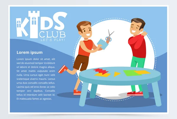 Kreatives blaues Poster für Kids Club mit fröhlichen Jungs, die Applikationen herstellen. Handarbeit und Papierbastelkurs. bunte flache Cartoon Vektor Illustration — Stockvektor