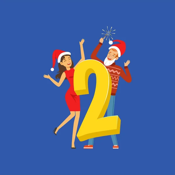 Número Dois e pessoas em chapéus vermelhos celebrando ilustração vetor Ano Novo —  Vetores de Stock