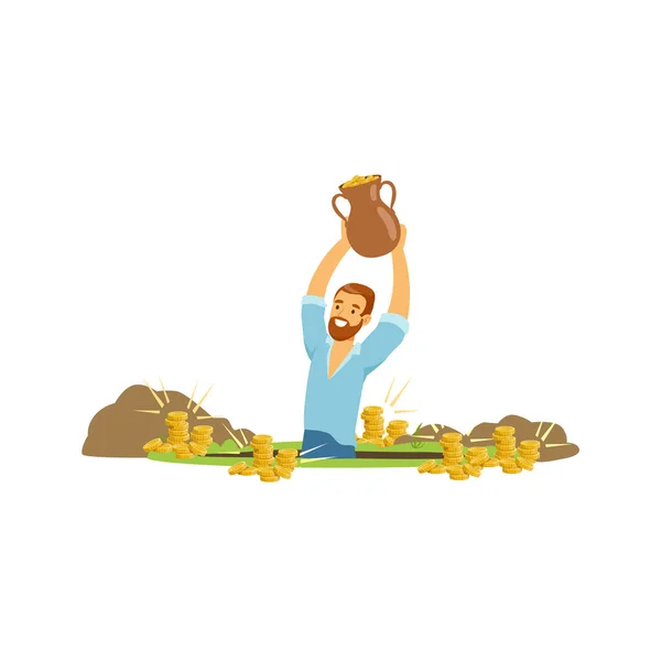 Bearded treasure seeker found gold coins in the ground — Stock Vector