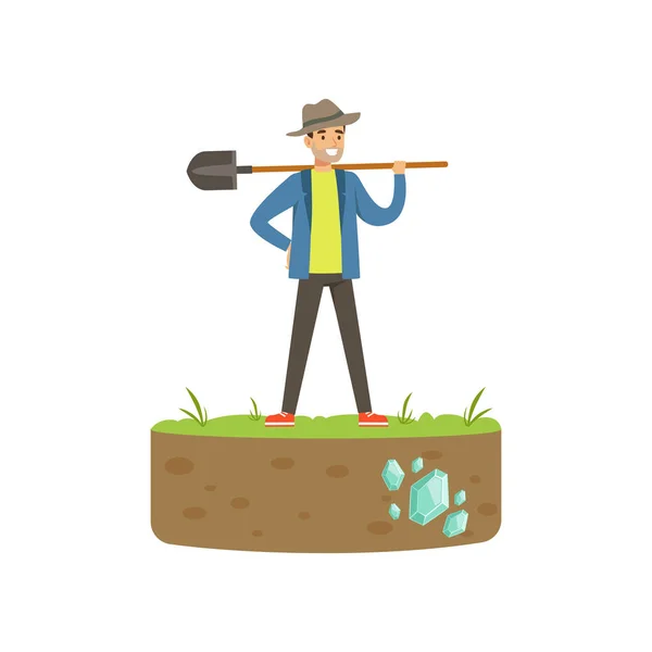 Treasure seeker standing with shovel in his hand — Stock Vector