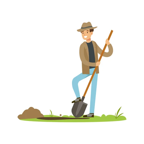 Treasure seeker with shovel in search for buried treasure — Stock Vector