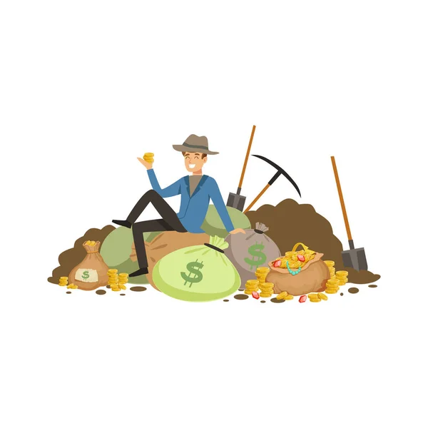 Treasure seeker sit on pile of tearsure — Stock Vector