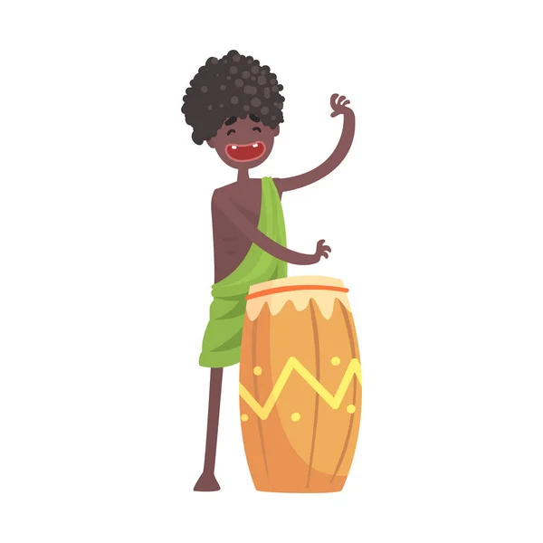 Black skinned man aborigine playing on ethnic drum — Stock Vector