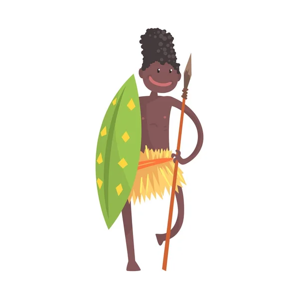 Uomo dalla pelle nera guerriero aborigeno con lancia e scudo — Vettoriale Stock