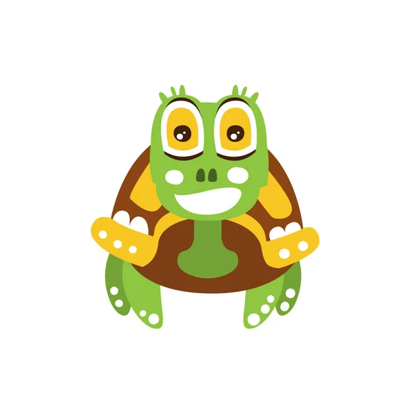 Happy green turtle with big shiny eyes, front view — Stock Vector