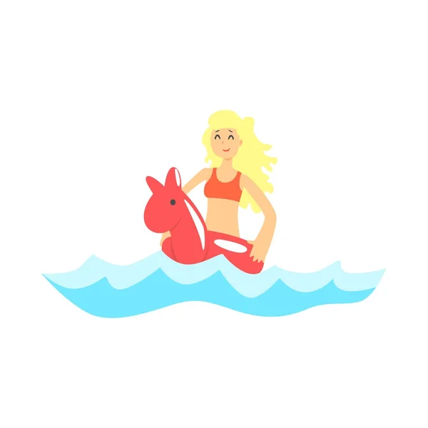 Menina loira feliz em maiô vermelho se divertindo com anel de natação animal de borracha vermelha — Vetor de Stock