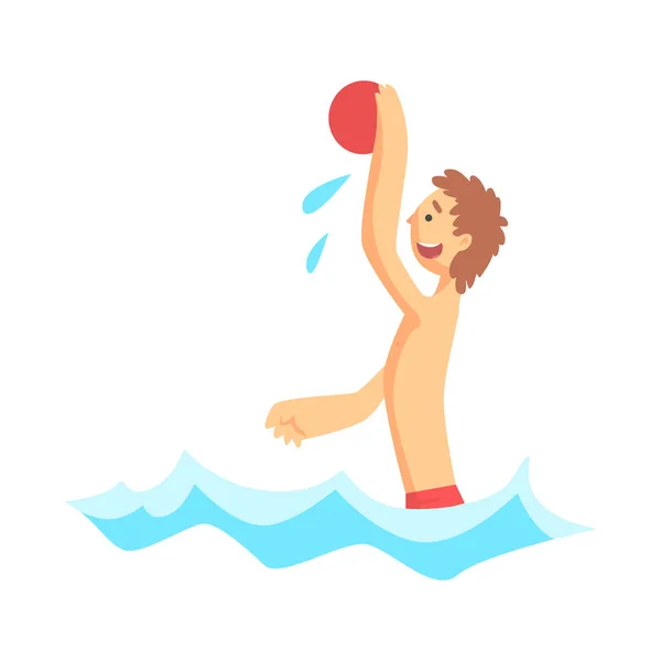 Cheerful boy playing with beach ball in the sea — Stock Vector