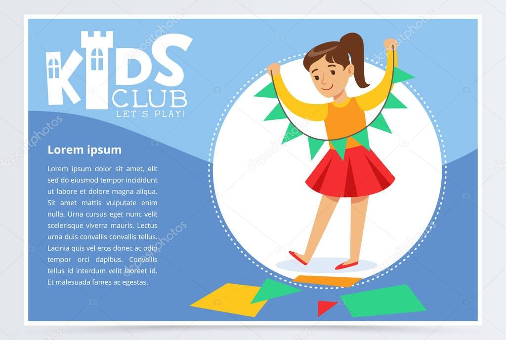 Creative blue poster for kids club with little girl character doing paper garland. Entertainment or development center promo. Happy childhood activity concept. Colorful flat style vector illustration.