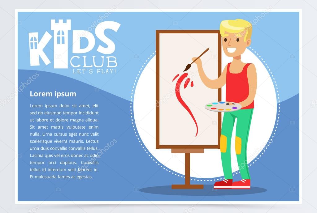 Creative blue poster for kids club with school boy painting on canvas. Entertainment, development center promo. Creative child practicing arts in art class. Colorful flat cartoon vector illustration