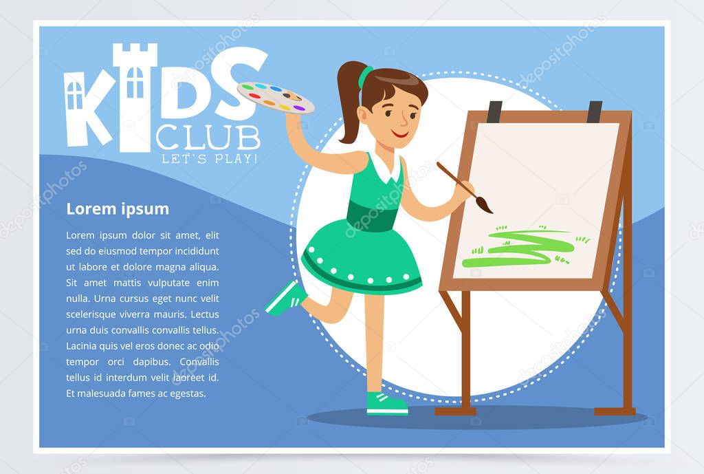 Cute girl in green dress painting on canvas. Creative blue poster for kids club. Development center promo. Studying at art class. Extra-curricular activities. Colorful flat cartoon vector illustration