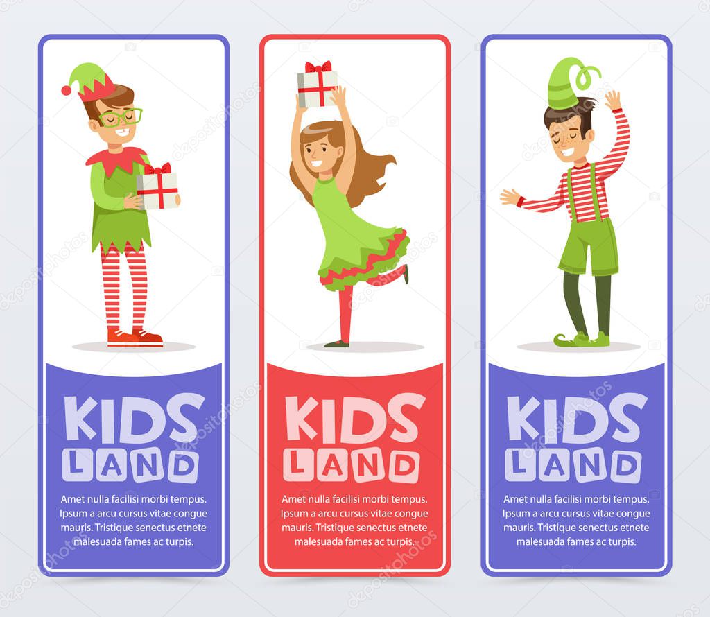 Kids land banners set, cute boys and girls in Christmas costumes flat vector elements for website or mobile app