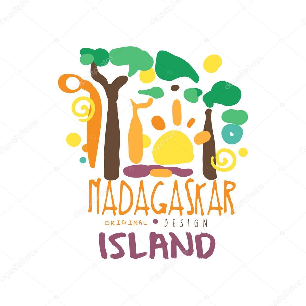 Exotic tropical island summer vacation colorful graphic design. Hand drawn template label. Travel to Madagascar. Tourism logo concept for agency or tour operator. Vector illustration isolated on white