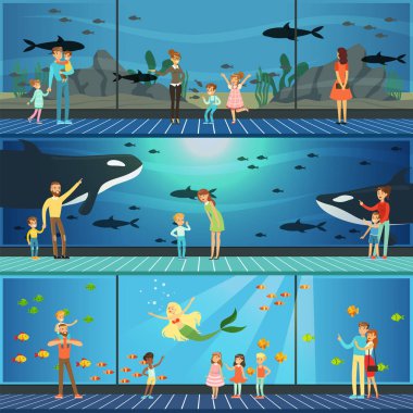 İnsanlar vektör çizimler, deniz hayvanları ile sualtı sahne izlerken çocuklar ebeveynleriyle oceanarium kümesini ziyaret