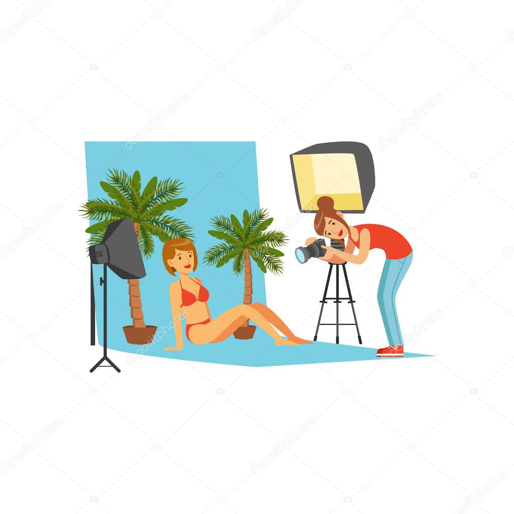 Photographer working with model in studio with professional equipment and decorations. Girl in bikini. Cartoon flat vector characters