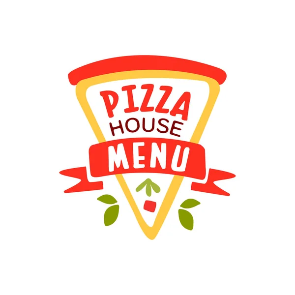 Pizza plana logotipo de la casa elemento de diseño creativo con rebanada de pizza. Emblema del menú de la cafetería, empresa de entrega de alimentos. Vector insignia colorida pizzería . — Archivo Imágenes Vectoriales