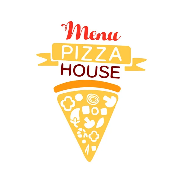 Colorful logo for pizza house menu with ribbon and fast food baked goods. Italian pizzeria badge or label design. Vector on white. — Stock Vector