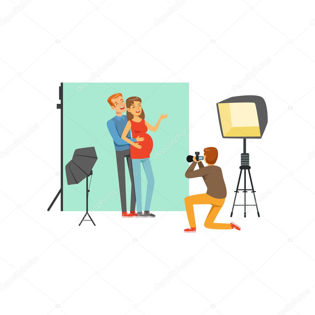 Happy young couple, man and pregnant woman in photo studio. Photographer sitting on his knee and taking family picture by camera. Cartoon people characters. Flat vector