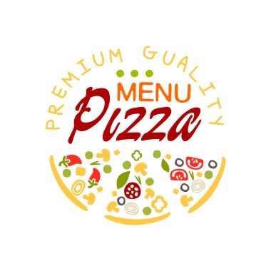 Düz pizza ev logo yaratıcı tasarım öğesi pizza dilimi. Amblem Cafe menü, bir gıda dağıtım şirketi için. Vektör renkli pizzacı rozeti.