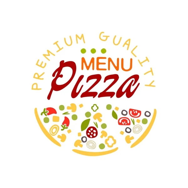 Pizza plana logotipo de la casa elemento de diseño creativo con rebanada de pizza. Emblema del menú de la cafetería, empresa de entrega de alimentos. Vector insignia colorida pizzería . — Vector de stock