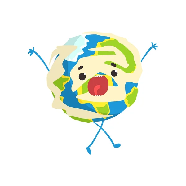 Lindo personaje planeta Tierra de dibujos animados de pie con la boca abierta, globo divertido vector emoji Ilustración — Vector de stock