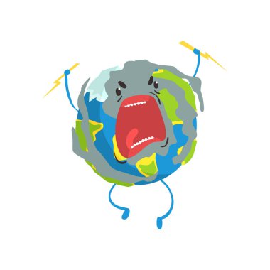 Kızgın çizgi film dünya gezegen karakteri, onun elinde, komik dünya emoji köpüklü yıldırım illüstrasyon vektör