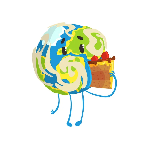 Lindo personaje planeta Tierra de dibujos animados comiendo un pedazo de pastel, globo divertido vector emoji Ilustración — Vector de stock