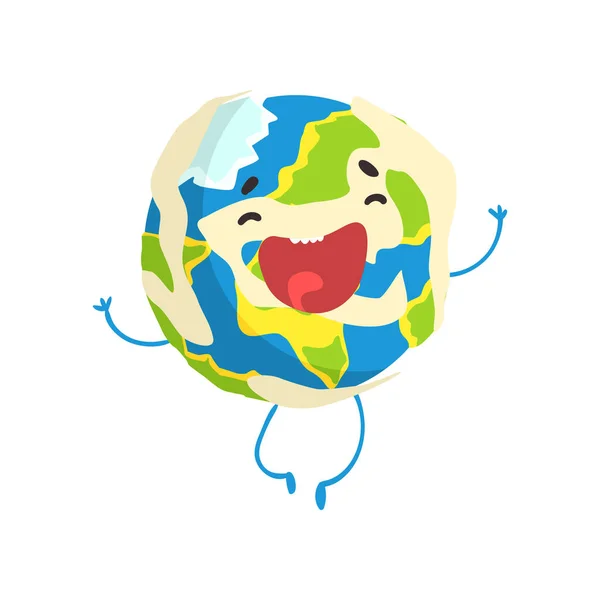 Lindo caricatura sonriente planeta Tierra salto, divertido globo emoji vector Ilustración — Vector de stock