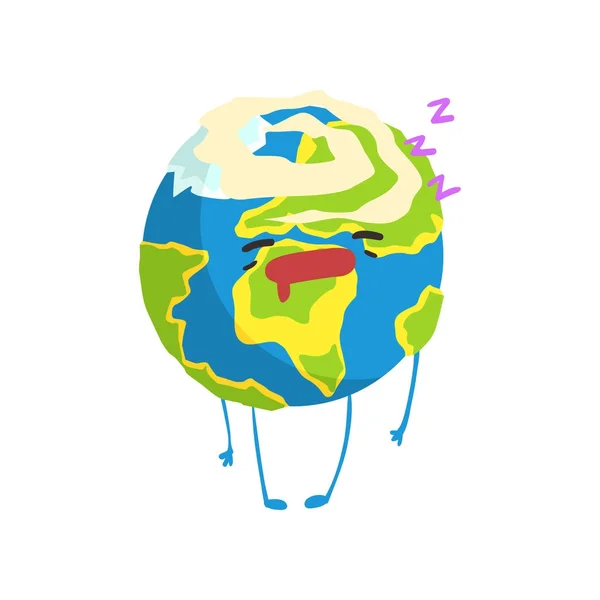可爱的沉睡卡通地球行星字符, 滑稽地球表情矢量插图 — 图库矢量图片