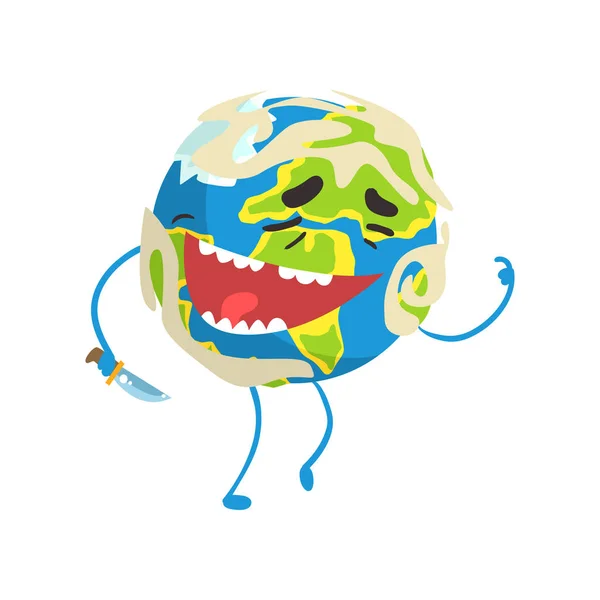 Счастливый смеющийся мультик на планете Земля, забавный вектор эмодзи на глобусе — стоковый вектор