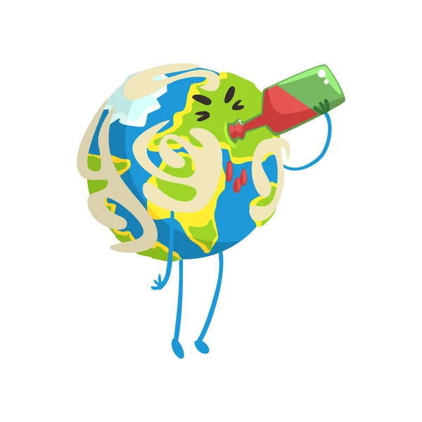 Пьяный персонаж планеты Земля пьет вино, смешной вектор эмодзи на глобусе — стоковый вектор