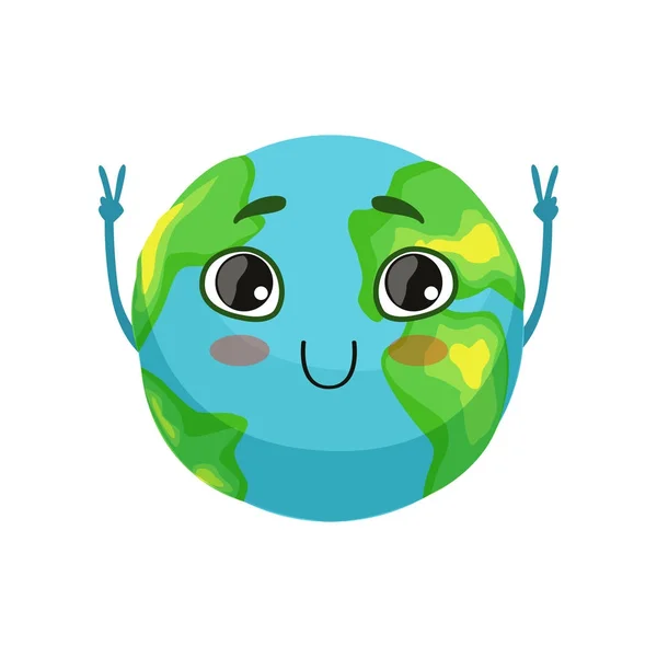 Divertido planeta Tierra personaje mostrando signo de victoria, lindo globo con sonriente cara y manos vector Ilustración — Vector de stock