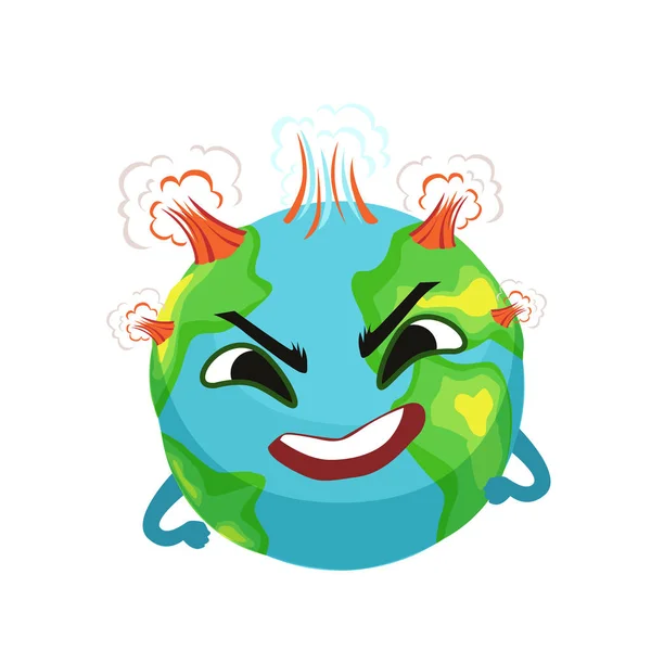 Carácter planeta Tierra enojado con volcanes en erupción, lindo globo con cara y manos vector Ilustración — Vector de stock