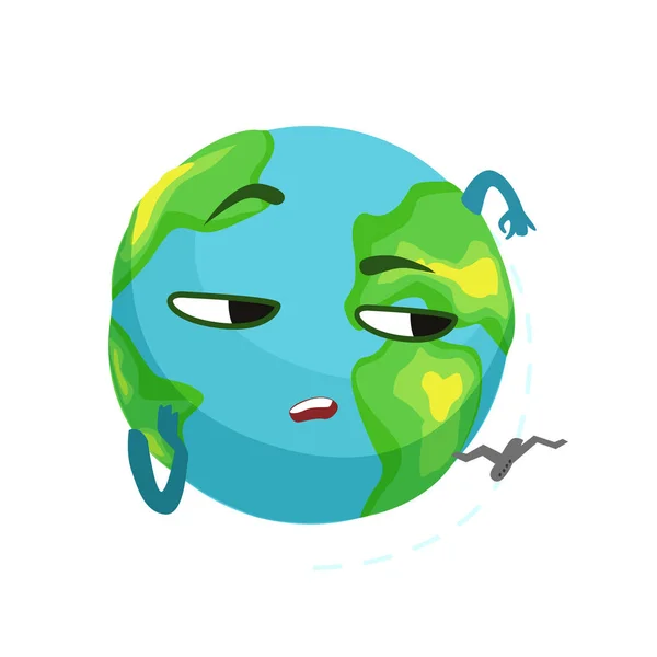 Engraçado chato planeta Terra personagem e avião voando em torno dele, globo bonito com rosto e mãos vetor Ilustração — Vetor de Stock