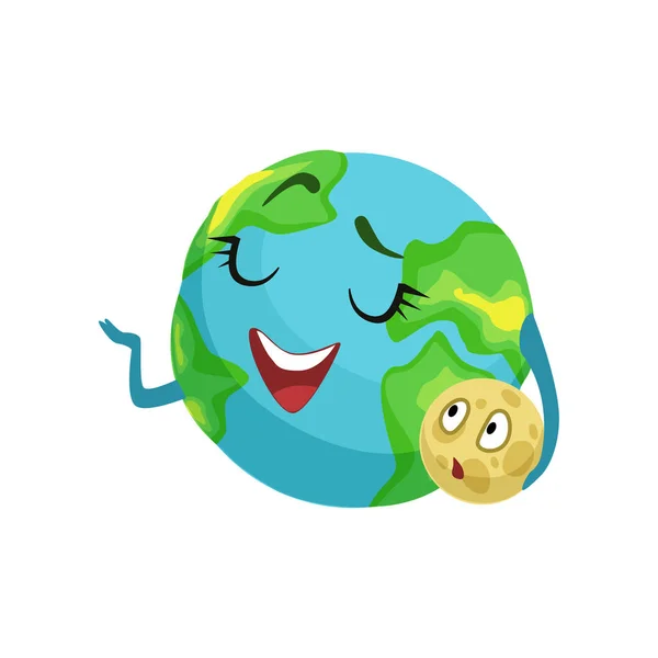 Tierra feliz planeta carácter celebración de la luna en su mano, lindo globo con sonriente cara y manos vector Ilustración — Vector de stock