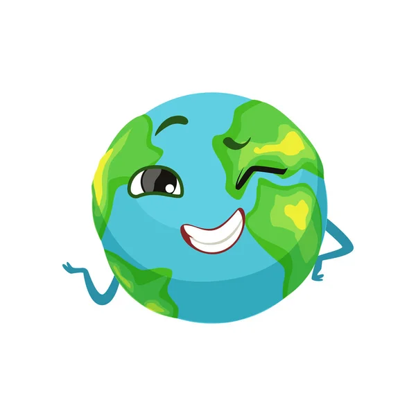 Tierra feliz planeta carácter guiño, lindo globo con sonriente cara y manos vector Ilustración — Vector de stock