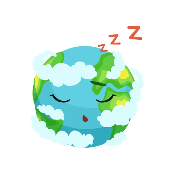 Cute Earth planet character sleeping in white clouds vector Illustration — Stock Vector