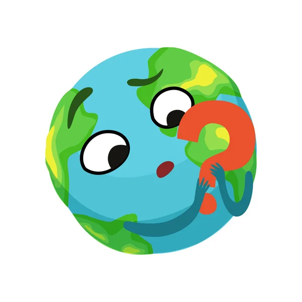 Duda Tierra planeta carácter sosteniendo signo de interrogación rojo, lindo globo con cara y manos vector Ilustración — Vector de stock