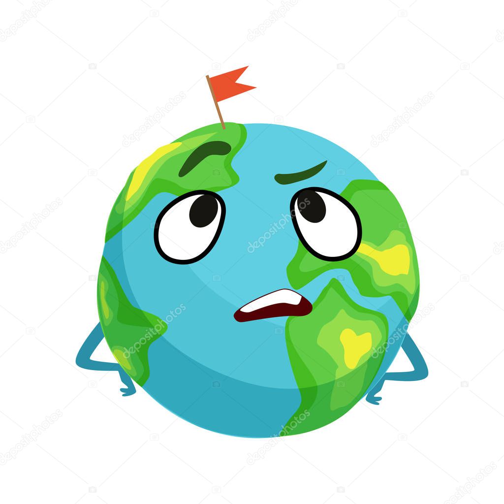 Vexed Earth planet character with hands on its waist, cute globe with face and hands vector Illustration