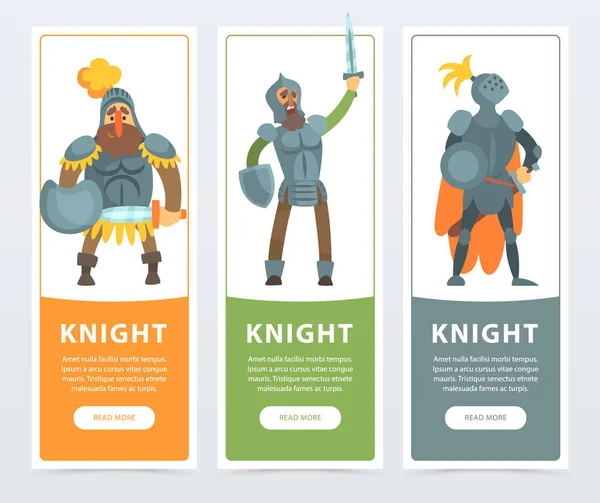 Set van drie kleurrijke banners met gewapende middeleeuwse ridders met zwaarden en schilden in handen. Plat edel mens karakter — Stockvector
