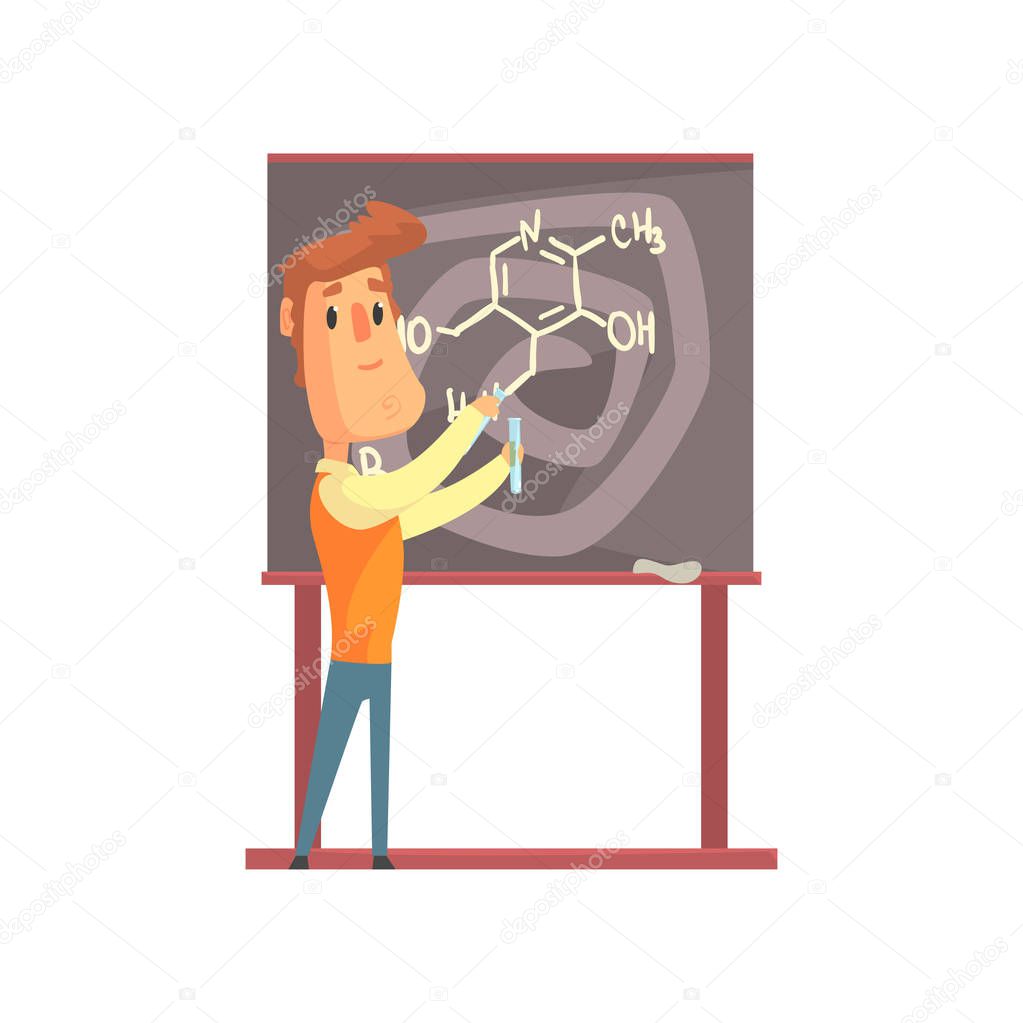 Handsome scientist standing next to blackboard with formula and holding test tubes in hands. Laboratory experiments with liquids. Isolated flat vector