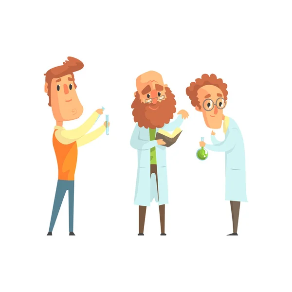 Skupina vědců muži v laboratoři. Legrační postavy biolog, fyzik a chemik v plochý — Stockový vektor