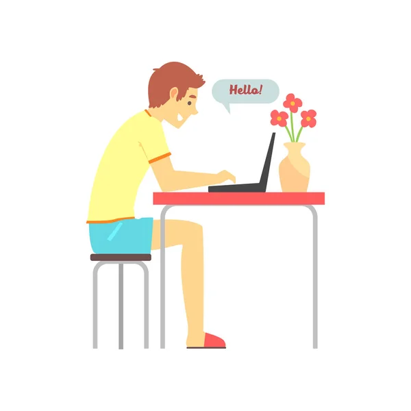 Chico sonriente sentado en la mesa y charlando en el chat de amor. Concepto de servicio de citas en línea. Ilustración vectorial en estilo plano aislado en blanco . — Archivo Imágenes Vectoriales