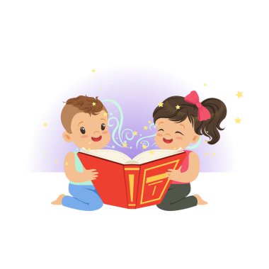 İki küçük çocuk fantezi hikayeleri ile sihirli kitap okuma. Çizgi film karakterleri erkek ve kız. Çocukluk ve çocuk hayal kavramı. Düz vektör çizim